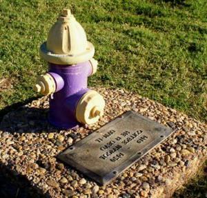 The fire hydrant memorial recognizing HSU's former mascot, Dam-It the dog.